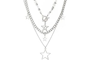 Inactwin Star Y2k Silver Necklace Grunge Layered Necklace Cute Aesthetic Stack Toggle Chain Necklaces Gothic Vintage Emo Jewelry Set for Women