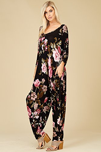 Annabelle Women's Plus Size 3/4 Sleeve Comfy Harem Pocket Jumpsuit Rompers Pretty Pink and Green Floral Print X-Large J8047B