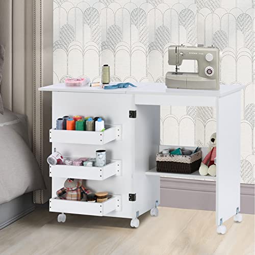 Folding Sewing Table with Storage, Sewing Craft Table Foldable with 3