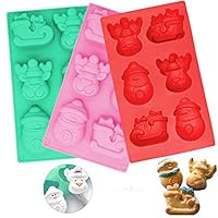 3 Pack Christmas Silicone Molds, INTVN Soap Chocolate Trays Cake Baking Pans, with Shape of Snowman Reindeer Sleigh, 6 Cavities - Red, Pink, Green