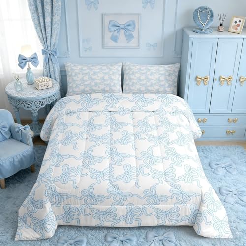 Castle Fairy Blue Bowknot Bed Comforter Set Queen Size,Coquette Bowtie Ribbon Super Soft Microfiber Bedding Set for Adults Teens,Dreamy Princess Style Cute Bow Comforter Set,2 Pillowcases at Amazon
