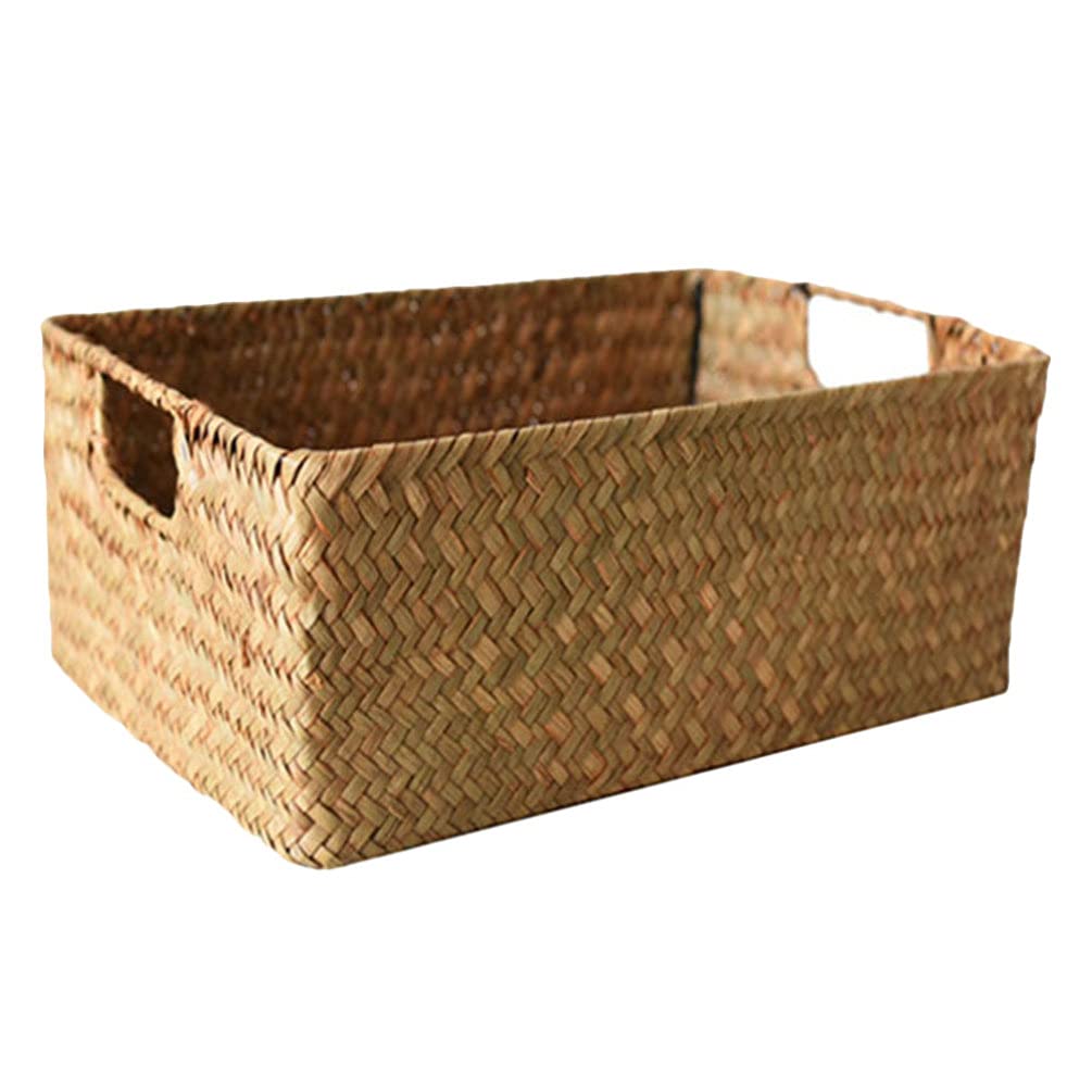 Cabilock Handwoven Rectangular Basket with Handle Rattan Storage Basket Bins Decorative Wicker Tray for Kitchen Bathroom, Wood Color, 34x23cm