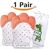 Baby Teething Mittens, Teething Glove for Baby, Smiling Teething Toys Mitten, Self-Soothing Stand on Hand mitt with Handy Travel Bag (2 Pack, Orange)