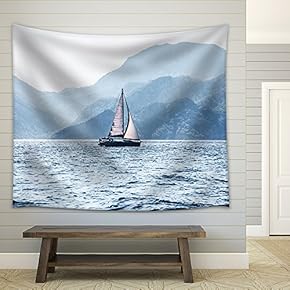 Beautiful Sea Landscape, Sailboat Sailing on The Distance on Great Majestic Mountains Background - Fabric Wall Tapestry Home Decor - 51x60 inches