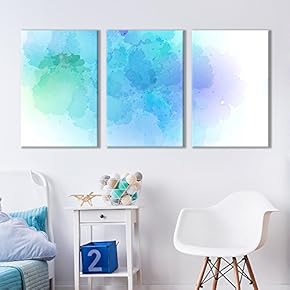 3 Panel Faded Aqua Cloud Soft Watercolor Painting...