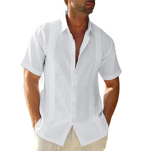 Hestenve Mens Short Sleeve Cuban Camp Guayabera Shirt Linen Cotton