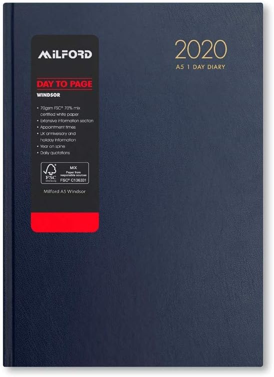 Milford 2020 A5 Day a Page Desk Diary with Appointments - Jan to Dec - Windsor (Blue)