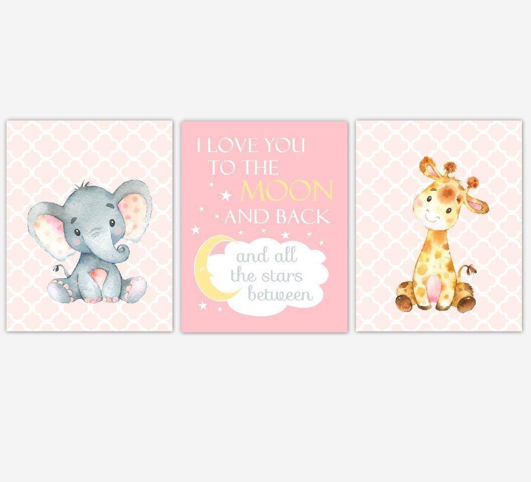 Amazon Com Pink Baby Girl Nursery Wall Art Waterolor Elephant Giraffe I Love You To The Moon Decor Safari Animal 3 Unframed Prints Handmade