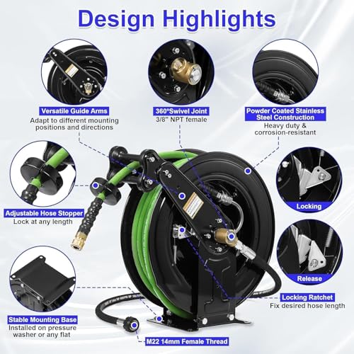 Pressure Washer Hose Reel Auto Shrink Hose Reel Heavy Duty Steel Pressure Washer Hose 20m Double Arm Reel 4000PSI