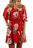 Pxmoda Women's Off Shoulder Floral Print Beach Dress Ruffle Mini Dress