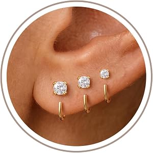 Freekiss 3 Pairs Backless Half Hoop Earrings Set for Women | 14K Gold Plated CZ Stay Close Hoop Earrings, Hypoallergenic Hugg