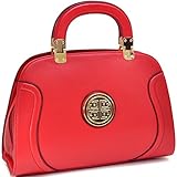 Dasein Fashion Leather Stitched Zip Around Gold Emblem Fashion Satchel, Shoulder Bag, Handbag, Tablet Bag, iPad Bag