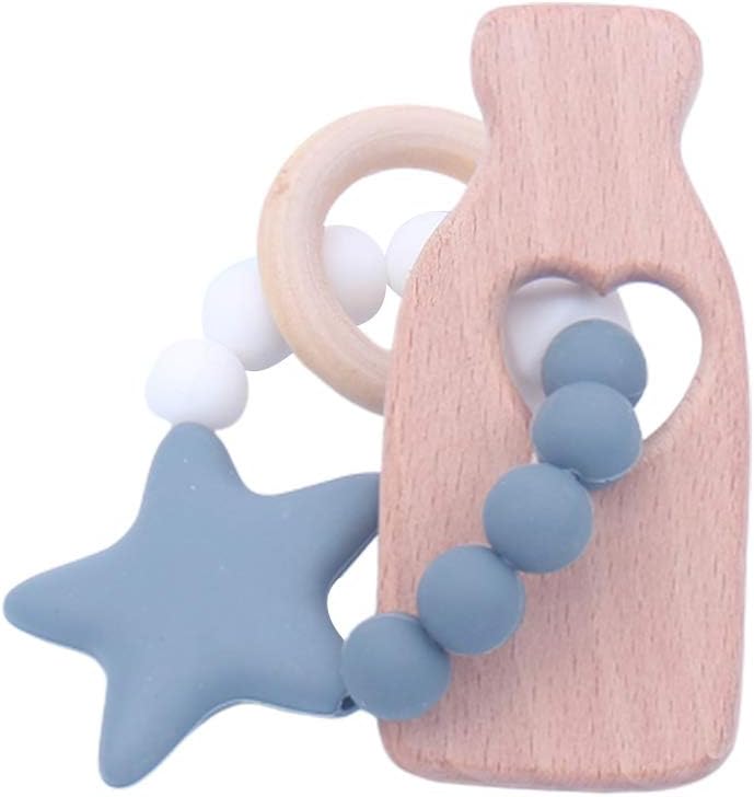 WFZ17 Baby Teething Toy Wooden Butterfly Bike Shaped Rattle Silicone Beads Bracelet Chewing Toy Milk Bottle##