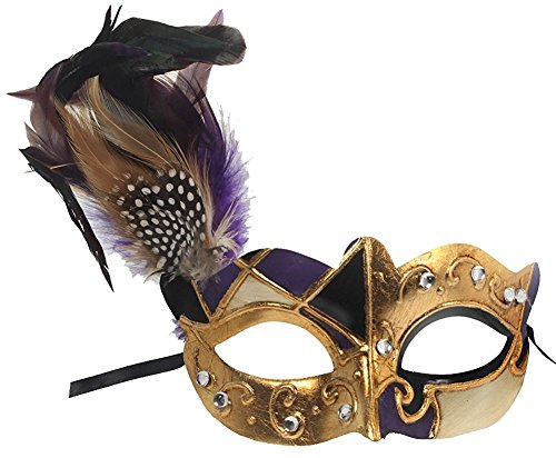 Hagora, Women's Royal Colors Venetian Carnival Gold Tone Mask With Feathers