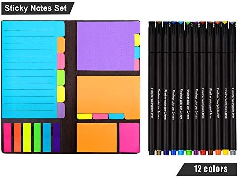Fineliner 12 Colored Pens and Divider Sticky Notes Set, Prioritize with Color Coding and Sticky Journals Page tabs, Journaling Writing Note Taking, School & Office Supplies