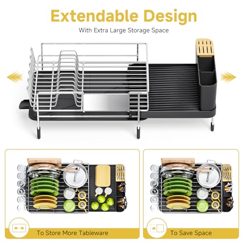 Urackify Large Dish Drying Rack, Expandable Dish Rack with Drain Board, Dish Drainer for Kitchen Couter, Dish Dryer Rack with Cups and Cutlery Holders, Stainless Steel Silver