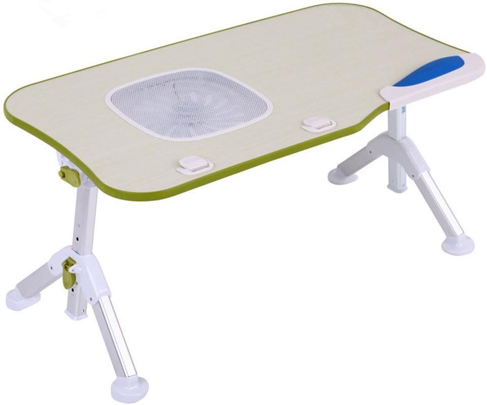 Omooly Adjustable Laptop Bed Tray Table, Portable Stable Standing Table with Foldable Triangular Legs, Notebook Stand Reading, Lap Desk Table for Sofa Couch Floor (Standard,Green+with Fan)