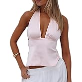 Women Satin Halter Crop Top Deep V Neck Backless Tank Tops Sexy Open Back Camisole Summer Going Out Tops