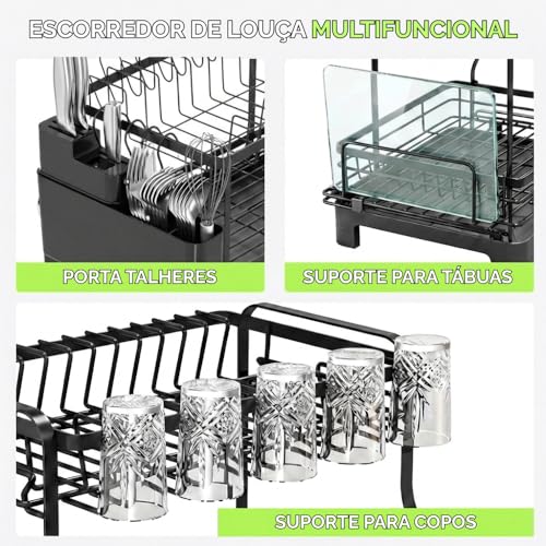 Escorredor de Louça Aço Inox 2 Andares Moderno com Drenagem Automática, Porta Talheres e Bandeja Coletora, Organizador de Pia para Pratos Copos e Utensílios, Resistente e Compacto