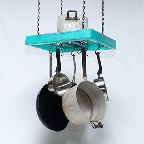 Pot Rack - Wooden - Ceiling Mounted - Rectangular - Small - 4 Rungs - Sturdy Metal Grid - Hang Kitchen Pots and Pans