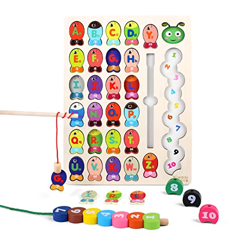 WODI Fishing Game Wooden Magnetic Toy 3in1 Fishing&Puzzle&Lacing Beads for Preschool Educational ABC Alphabet & Number Fish Sorting Puzzle Counting Games Montessori Letters Cognition Gift for Kid 3+