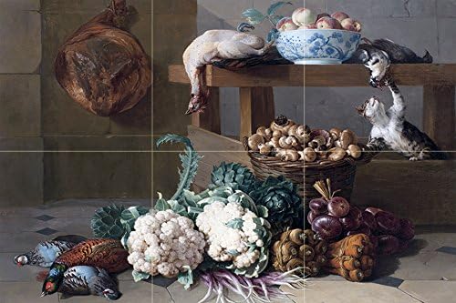 Pantry by Francois Desportes Onion Cauliflower Peaches Fowl Bird cat Basket Mushrooms Tile Mural Kitchen Bathroom Wall Backsplash Behind Stove Range Sink Splashback 3x2 4.25" Ceramic, Glossy