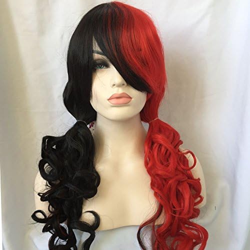Cosplay Wigs for Harley Quinn Black and Red Long Curly Hair Heat Resistant Fiber Party Wigs for Gril