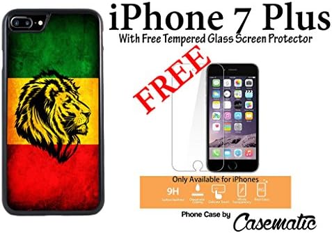 iPhone Case Rasta Rastafarian Lion Plastic Black Phone Case For Apple iPhone 7 Plus With Free .33 mm Premium Tempered Glass Screen Protector by Casematic Wireless Phone Accessory