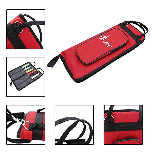 Vaorwne Drumstick Bag Case Drum Stick Holder Percussion Drum Mallet Bag with External Pocket and Floor Tom Hooks, Red
