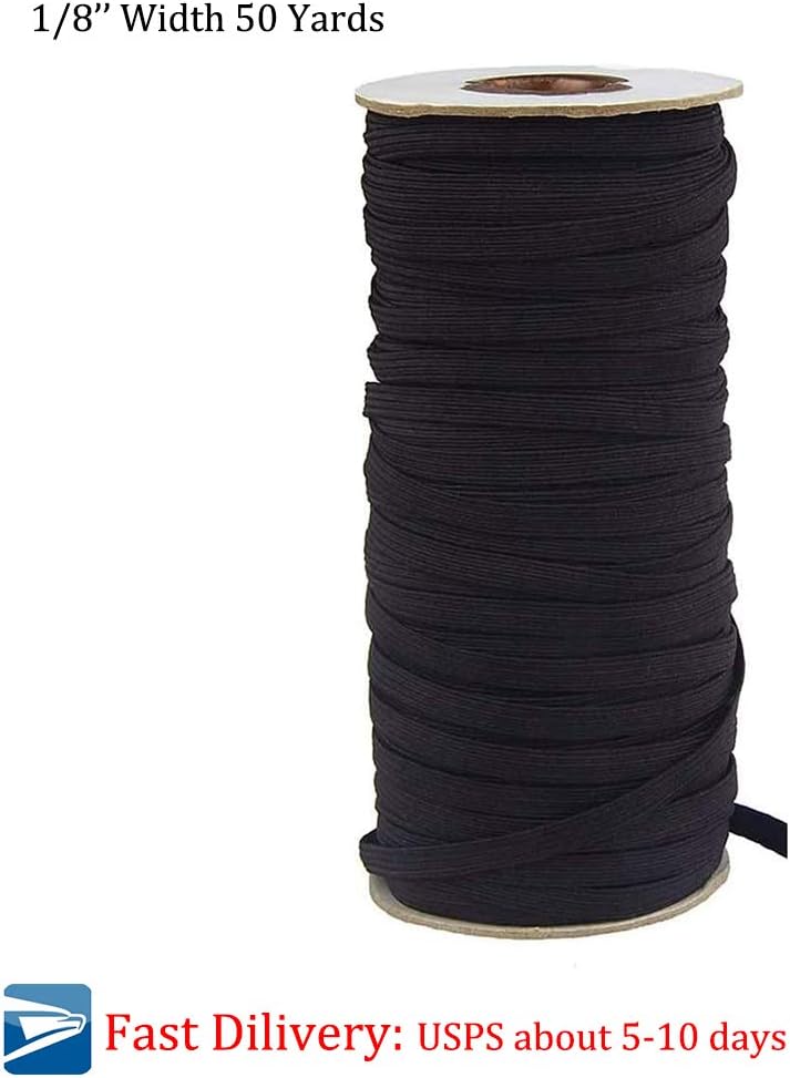 Focalmotors 1/8 Inch Width Braided Elastic Band White Elastic Cord High Elasticity Knit for Sewing Crafts DIY (50 Yards Black)