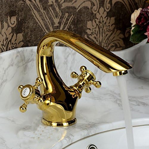 Greenspring Luxury Bathroom Vessel Faucet Gold Finsh Arc Spout Double Cross Ceramic Handles Bathroom Basin Faucets Deck Mount Single Hole Mixer Valve Bathtub Taps