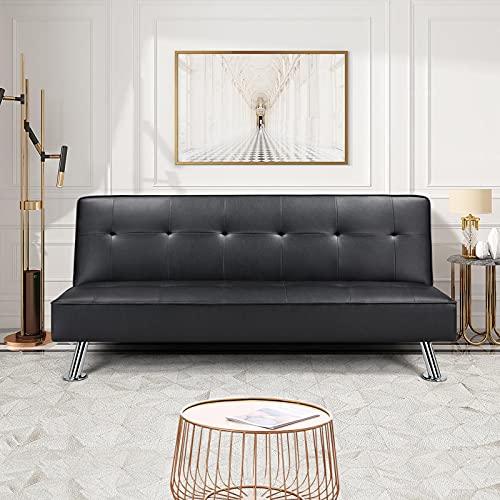 Yaheetech Modern Folding Futon Loveseat Black Faux Leather Futon