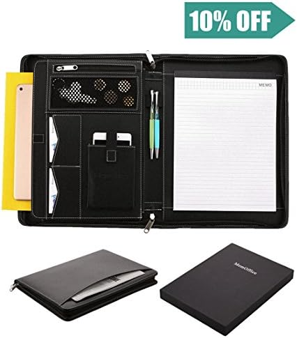 MemOffice Zippered PU-Leather Portfolio Padfolio Business-Interview-Folder Padfolio Organzier with Writing Pad, Tablet Laptop Holder, Ideal for Office, Business, Trip, Conference, Interview, Resume