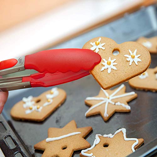 Kaluns Kitchen Tong Set 4 Piece -Red- Stainless steel 7-9-12 Inch Tongs Bonus Silicone Spatula Best Non-stick, Heat resistant Serving Utensils New Tools Collection Best for Cooking and Baking.