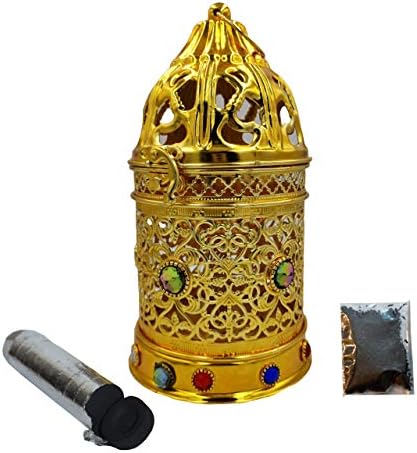 SOUQ24 DECORATIVE ORIENTAL LANTERN STYLE METAL INCENSE/BAKHOOR BURNER + FREE 10 PACK CHARCOAL & BAKHOOR INCENSE POWDER-IDEAL STARTER KIT- (Gold)