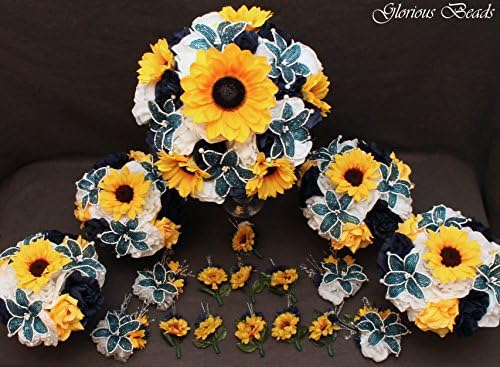Navy Blue BEADED LILY and Yellow Sunflower Bridal Wedding Flower 18 piece package with Roses~ Unique French beaded flowers.
