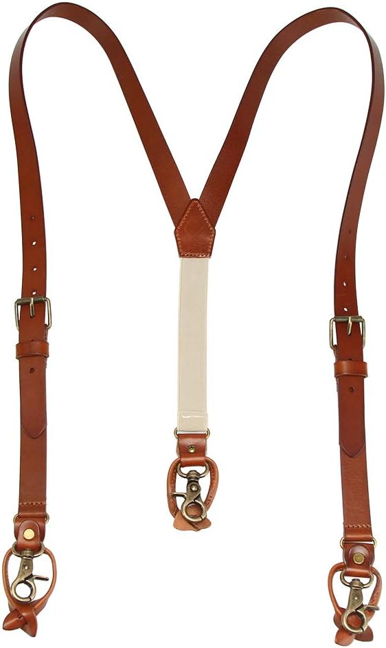 1 Inch Men's Suspenders 3 In 1, Leather Genuine Suspenders, Elastic Strap with Clips, Buttons, Snap Hooks