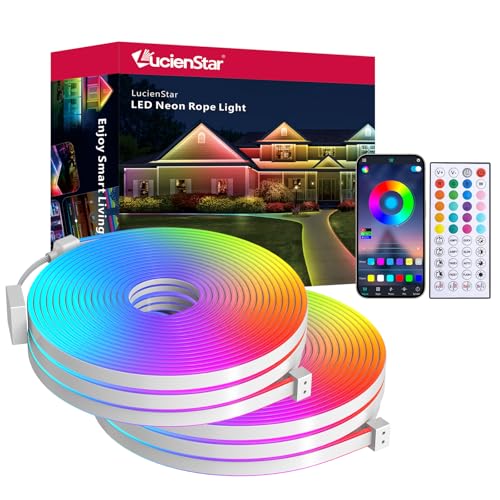 Lucienstar 20M RGB Neon LED Strip 24V IP65 with Remote Control/APP, Music Sync, Multiple Mode, Flexible LED Tape for Bedroom Outdoor Decoration(10mx2)