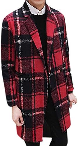 Hochock Men's Lapel Wool Blend Plaid Mid Length Long Parka Pea Coat