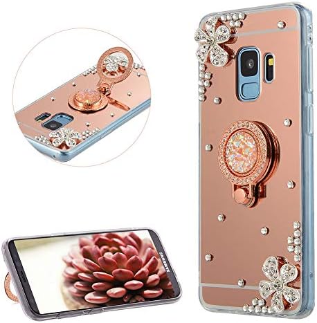 DasKAn Rhinestone Mirror Case for Samsung Galaxy A8 Plus 2018 with Metal Finger Holder Ring Stand,Crystal 3D Diamond Design Slim Soft Silicone Back Cover Flexible TPU Protective Phone Case,Rose Gold#1