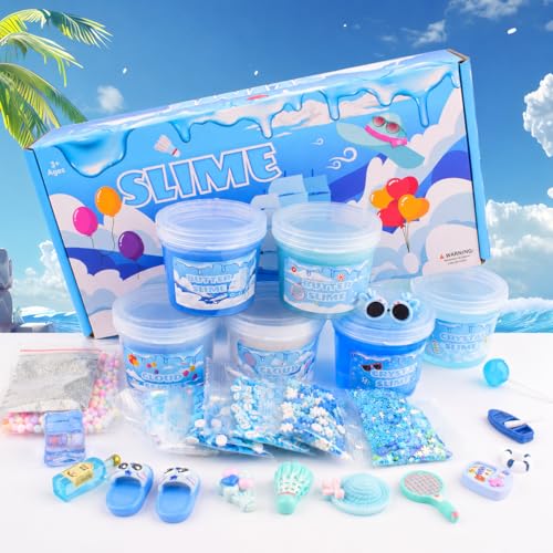 Petyuioyu Slime Set of 6 for Children, 6 x 60 ml Blue Slime Toy with Cloud Slime, Butter Slime & Clear Slime, 12 Accessories & 6 Decorative Bags, Soft, Stretchy, DIY Gift for Boys and Girls