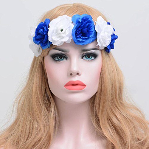 Challyhope Exquisite Flower Crown Hair Garland Flower Wreath Hairband for Wedding Festivals (Blue & White)