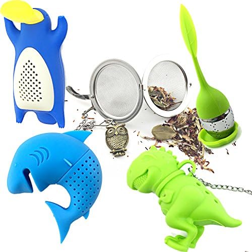 Zoo Infuser Animals by Hoot Tea - Tea Set For Fun Family Brewing Includes a T- Rex, Shark, Mesh stainless steel infuser ball, and Platea silicone Infuser - BONUS Long handle leaf infuser-