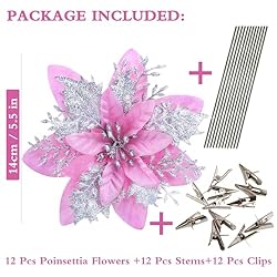 GREENTIME 12 Pcs Glitter Poinsettia 5.5" Artificial