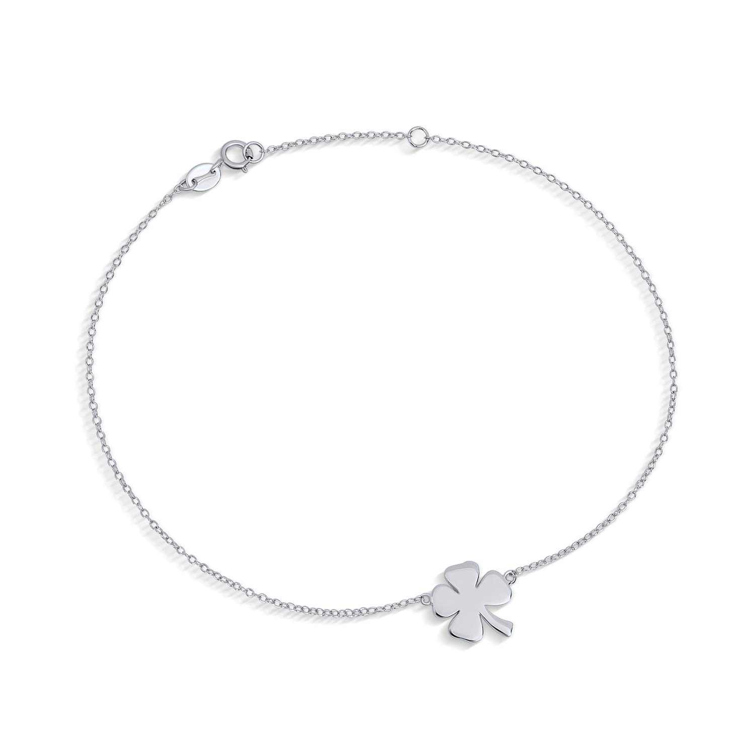 Bling Jewelry Four Leaf Shamrock Flower Anklet Lucky Charm Clover Ankle Bracelet For Women Teens Curb Link .925 Sterling Silver 9 To 10 Inch With Extender Adjustable
