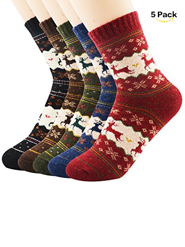 American Trends Women's Comfy Wool Winter Thick Knit Warm Crew Casual Heavyweight Vintage Style Socks 5 Pack Deer