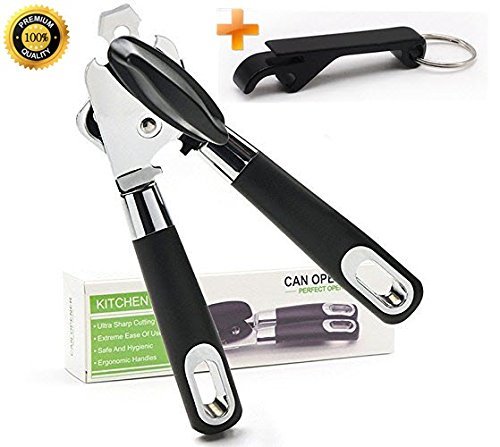 KitchenHero Multi-function Manual Can Opener - Built in Bottle Opener - Heavy Duty Stainless Steel Can Opener Design with Ergonomic Soft Grips, Smooth Edge Best Can Opener (Black) Plus Bottle Opener