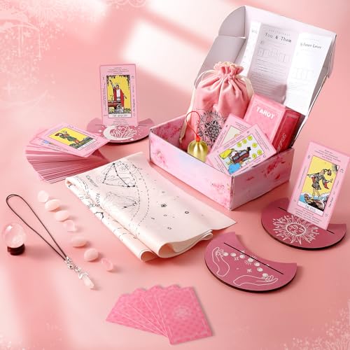 Myripoly Pink Tarot Cards Deck Set for Beginners-Classic Tarot Cards with Meanings on Them-17PC Tarot Witchcraft Kit,-Crystal Ball Divination- Fei Shui Bracelet