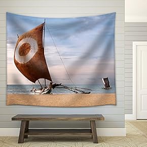 Fishing Boat on The sea Coast, Sri Lanka - Fabric Wall Tapestry Home Decor - 51x60 inches