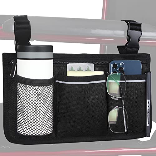 HSGEZUOQI Wheelchair Side Bag, Wheelchair Armrest Storage Pouch with Cup Holder Use of Waterproof Fabric, for Most Wheelchairs, Walkers or Rollators (Black)